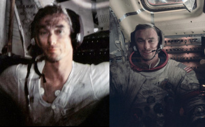 The Apollo astronaut Gene Cernan, liberally coated with moon dust after returning to the Lunar module