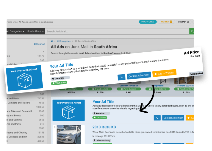 Get more exposure by promoting your advert as a top ad on Junk Mail